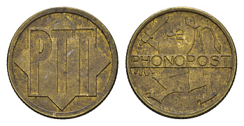 Нидерланды жетон для "почтового" (телефонного) автомата 1934–1950 редкий жетон, Fonopost - экспериментальная почтовая служба предназначеная для записи голоса человека на патефонную пластинку или на электромагнитную ленту и доставки полученной записи почто