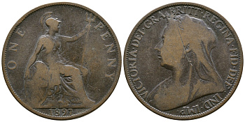 Великобритания 1 пенни 1897 Виктория (1837-1901) KM 790, Spink 3961 бронза 08-622