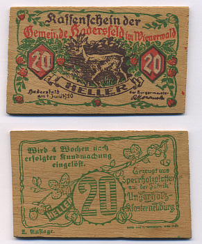 Австрия, Хадерсфельд 20 геллеров 1920 1 июня 1920, деревянный нотгельд   дерево  UNC 2192-97-1-1