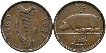 Ирландия 1/2 пенни 1941 свинья с поросятами KM 10 бронза 4525-1114