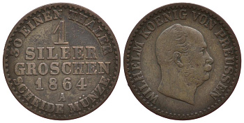 Пруссия 1 грош 1864 А, Вильгельм I (1861-1888) KM 485, Olding 415, AKS 103, Jaeger 89 серебро 186-632