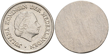 Нидерланды 25 центов Юлиана, брак чекана, односторонний оттиск аверса KM 204 никель 4576-851