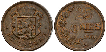 Люксембург 25 сантимов 1946 Шарлотта (1918-1964) KM 45 бронза 4532-143