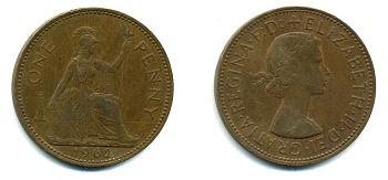 Великобритания 1 пенни 1962 Елизавета II (1952-2022) KM 897, Spink 4157 бронза 57-246