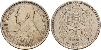 Монако 20 франков 1947 Луи II (1922-1949) KM 124 медно-никель  UNC  4599-616