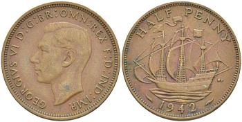 Великобритания 1/2 пенни 1942 Георг VI (1936-1952) KM 844, Spink 4115 бронза 4538-215