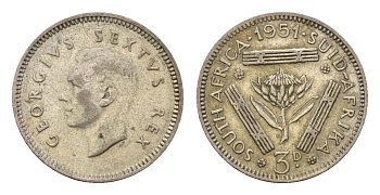 ЮАР 3 пенса 1951 Георг VI (1936-1952) KM 35.2 серебро 4549-811