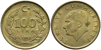 Турция 100 лир 1989 Кемаль Ататюрк KM 988 алюминиевая бронза 4541-425