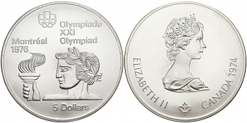 Канада 5 долларов 1974 XXI летние Олимпийские игры в Монреале 1976 года, атлет в Олимпийским огнем KM 90 серебро UNC 1091-2-63