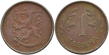 ФИНЛЯНДИЯ 1 МАРКА 1922 Heart KM 27 медно-никель 4563-555