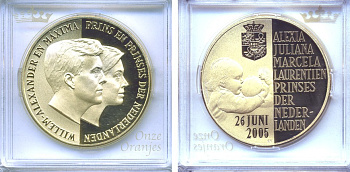 НИДЕРЛАНДЫ МЕДАЛЬ ND 26 ИЮНЯ 2005 РОЖДЕНИЕ ПРИНЦЕССЫ АЛЕКСИИ- ПРИНЦЕССЫ НИДЕРЛАНДОВ И ПРИНЦЕССЫ ОРАНСКО-НАССАУ бронза, позолота PROOF 5-3-1-88