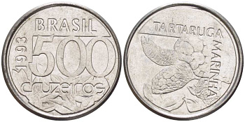 Бразилия 500 крузейро 1993 морская черепаха KM 624 нержавеющая сталь 4396-1025