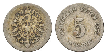 Германия 5 пфеннигов 1875 G, Вильгельм I (1871-1888) KM 3, J. 3, Weege 5 медно-никель 4639-1246