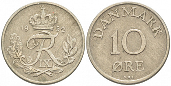 ДАНИЯ 10 ЭРЕ 1952 N; S, ФРЕДЕРИК IX (1947-1972) KM 841.1 медно-никель 3718-338