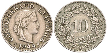 ШВЕЙЦАРИЯ 10 РАППЕНОВ 1944 В KM 27 медно-никель 201-434