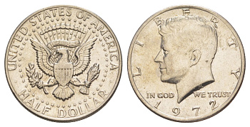 США 1/2 доллара (50 центов) 1972 Джон Кеннеди KM 202b медь плакированная медно-никелем aUNC 4144-332