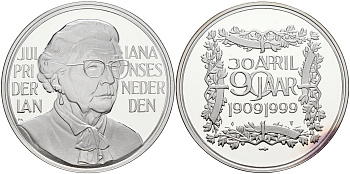 Нидерланды медаль ND 90 лет со дня рождения принцессе Нидерландов Юлианне  серебро  PROOF  11-132-23