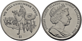 Британские Виргинские острова 1 доллар 2014 в память героев первой мировой войны, солдат верхом на верблюде KM NEW медно-никель UNC 4386-715