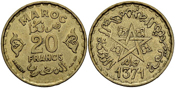 МАРОККО 20 ФРАНКОВ 1952 ГОД 1371, ФРАНЦУЗСКИЙ ПРОТЕКТОРАТ, МОХАММЕД V (1927-1962) KM 50 алюминиевая бронза 4511-847