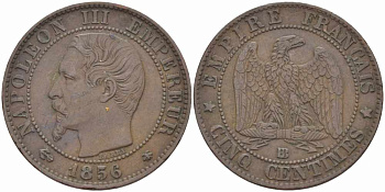 Франция 5 сантимов 1856 BB, Наполеон III (1852-1870) KM 777.3, LE FRANC 116.32 бронза 108-414