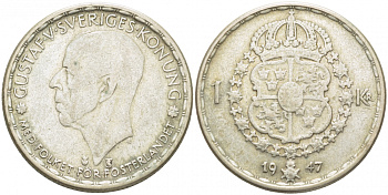 Швеция 1 крона 1947 TS, Густав V (1907-1950) KM 814 серебро 175-1117
