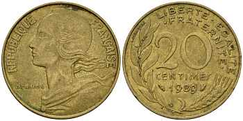 Франция 20 сантимов 1989 тип Marianne KM 930 алюминиевая бронза 4393-1045