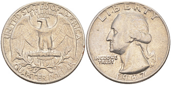 США 25 центов (квотер) 1967 Вашингтон KM 164a медь плакированная медно-никелем 83-1333