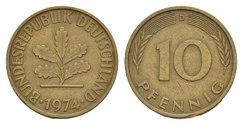 ФРГ 10 пфеннигов 1974 D KM 108, J. 383 сталь плакированная латунью 4630-1265