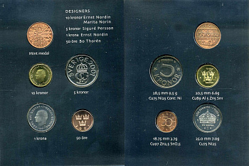 Швеция набор из 4 монет + медаль 2001 в оригинальном картонном буклете, Карл XVI Густав (1973- ) KM MS 107 UNC 4-4-1-38