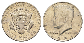 США 1/2 доллара (50 центов) 1981 P, Джон Кеннеди KM A202b медь плакированная медно-никелем aUNC 4517-533