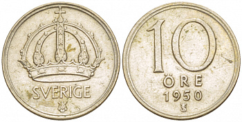 Швеция 10 эре 1950 TS, Густав V (1907-1950) KM 813 серебро 4547-1054