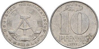 ГДР 10 пфеннигов 1971 A KM 10 алюминий 68-553