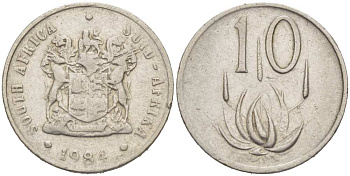 ЮАР 10 центов 1984 герб, цветок алоэ KM 85 никель 217-642