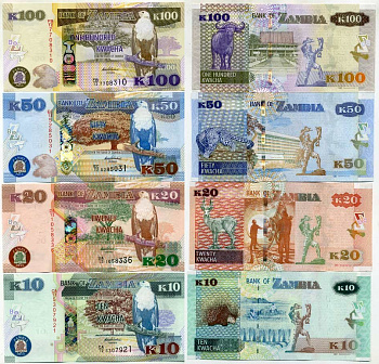 Замбия набор из 6 банкнот 2012 2, 5, 10, 20, 50 и 100 квачей Pick 49, 52, 51, 52, 53, 54 бумага UNC (пресс) 451-81-1