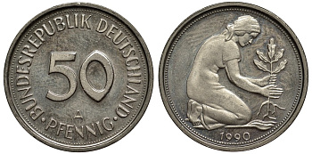 ФРГ 50 пфеннигов 1990 А, монетный двор Берлин KM 109.2, J. 384а медно-никель 186-832