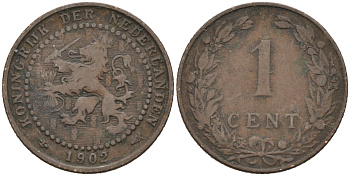 Нидерланды 1 цент 1902 Вильгельмина (1890-1948) KM 132 бронза 4576-652