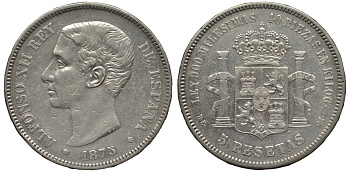 Испания 5 песет 1875 DE-M, АЛЬФОНСО XII КМ 671 серебро 1521-1223