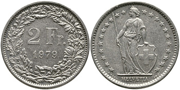 ШВЕЙЦАРИЯ 2 ФРАНКА 1979 KM 21а.1 медно-никель 4538-156