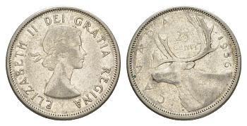Канада 25 центов 1956 Елизавета II (1952-2022), олень KM 52 серебро 73-1452
