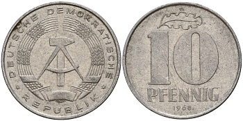 ГДР 10 пфеннигов 1968 A KM 10 алюминий 55-455