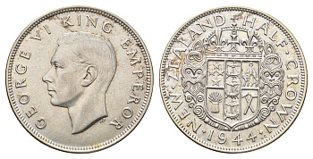 Новая Зеландия 1/2 кроны 1944 Георг VI (1936-1952), редкий год KM 11 серебро 3711-622