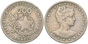 Бразилия 200 реалов 1901 MCMI, голова свободы вправо KM 504 медно-никель 4612-357