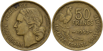 Франция 50 франков 1953 B, Петух KM 918.1, Le Franc 425.5 алюминиевая бронза 4157-226