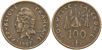 Французская Новая Каледония 100 франков 1987 хижина среди сосен и пальм, (IEOM) KM 15, Schoen 16, Lec 135 никель латунь 4137-936