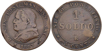 ВАТИКАН 1 СОЛЬДО = 5 ЧЕНТЕЗИМО 1867 R, ГОД XXI, ПАПА ПИЙ IX (1846-1878), БОЛЬШАЯ ГОЛОВА, БОЛЬШИЕ ЦИФРЫ ДАТЫ KM 1372.1 (С182а) медь 1521-1325