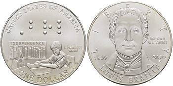 США 1 доллар 2009 Р, 200 лет со дня рождения Луи Брайля (1809-2009) KM 455 серебро UNC 00-00