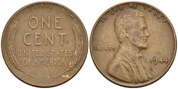 США 1 цент 1944 Линкольн KM А132 медь цинк 4115-765