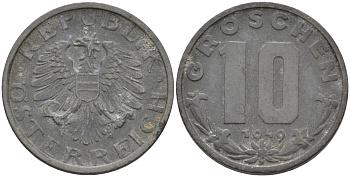 Австрия 10 грошей 1949 KM 2874 цинк 4126-341