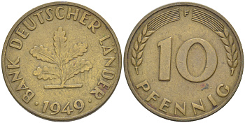 ФРГ 10 ПФЕННИГОВ 1949 F KM 103, J. 378 сталь плакированная латунью 77-1036