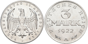 Германия 3 марки 1922 A, третья годовщина Веймарской Конституции KM 29, J.303 алюминий UNC 4587-322